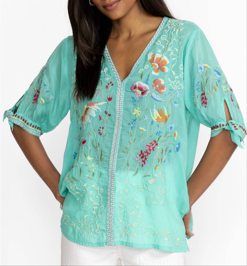 Johnny Was Cosette Blouse Floral Embroidered Sea Blue Green Tie Sleeve Sz Med